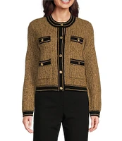 KARL LAGERFELD PARIS Crew Neck Long Sleeve Button Front Four-Pocket Cropped Cardigan