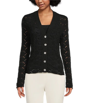 KARL LAGERFELD PARIS Crochet Knit V-Neck Long Sleeve Coordinating Cardigan