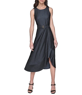 KARL LAGERFELD PARIS Denim Crew Neck Sleeveless Belted A-Line Midi Dress