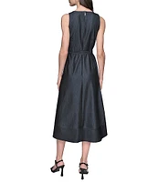 KARL LAGERFELD PARIS Denim Crew Neck Sleeveless Belted A-Line Midi Dress