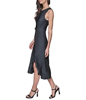 KARL LAGERFELD PARIS Denim Crew Neck Sleeveless Belted A-Line Midi Dress