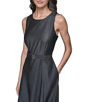 KARL LAGERFELD PARIS Denim Crew Neck Sleeveless Belted A-Line Midi Dress
