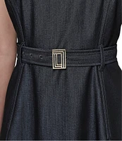 KARL LAGERFELD PARIS Denim Crew Neck Sleeveless Belted A-Line Midi Dress