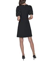 KARL LAGERFELD PARIS Dotted Scuba Crepe Round Neck Short Puff Sleeve Pearl Bow Sheath Dress