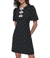 KARL LAGERFELD PARIS Dotted Scuba Crepe Round Neck Short Puff Sleeve Pearl Bow Sheath Dress