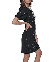 KARL LAGERFELD PARIS Dotted Scuba Crepe Round Neck Short Puff Sleeve Pearl Bow Sheath Dress