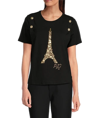 KARL LAGERFELD PARIS Eiffel Tower Knit Crew Neck Short Sleeve Tee Shirt