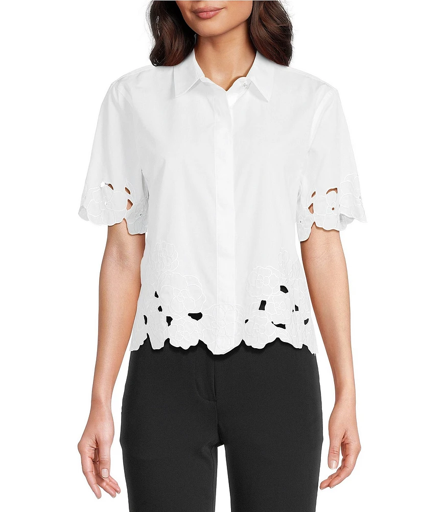 KARL LAGERFELD PARIS Embroidered Cutout Floral Camp Shirt