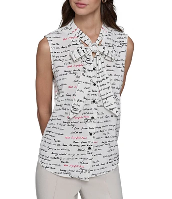 KARL LAGERFELD PARIS Fashion Logo Print Tie Neck Sleeveless Button Front Top