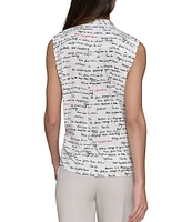KARL LAGERFELD PARIS Fashion Logo Print Tie Neck Sleeveless Button Front Top