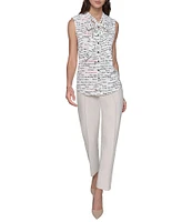 KARL LAGERFELD PARIS Fashion Logo Print Tie Neck Sleeveless Button Front Top