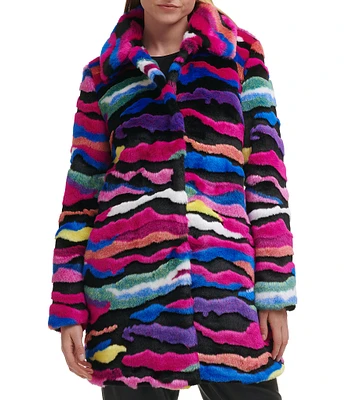 Karl Lagerfeld Paris Faux Fur Single Breasted Rainbow Zebra Coat