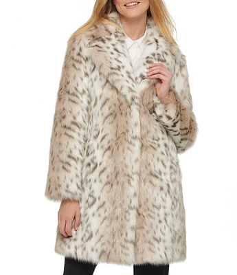 KARL LAGERFELD PARIS Faux Fur Snow Leopard Single Breasted Notch Collar Coat