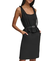 KARL LAGERFELD PARIS Flat Chiffon Square Neck Sleeveless Belted Dress