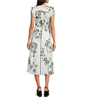 KARL LAGERFELD PARIS Floral Print Satin Crepe Round Neck Flutter Sleeve Midi A-Line Dress