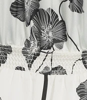 KARL LAGERFELD PARIS Floral Print Satin Crepe Round Neck Flutter Sleeve Midi A-Line Dress