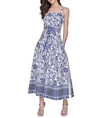 KARL LAGERFELD PARIS Floral Printed Square Neck Sleeveless A-Line Midi Dress