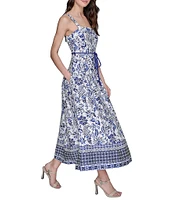 KARL LAGERFELD PARIS Floral Printed Square Neck Sleeveless A-Line Midi Dress