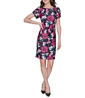 KARL LAGERFELD PARIS Floral Scuba Crew Neck Side Ruched Sheath Dress