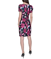 KARL LAGERFELD PARIS Floral Scuba Crew Neck Side Ruched Sheath Dress