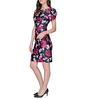 KARL LAGERFELD PARIS Floral Scuba Crew Neck Side Ruched Sheath Dress