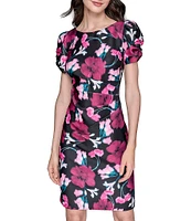 KARL LAGERFELD PARIS Floral Scuba Crew Neck Side Ruched Sheath Dress