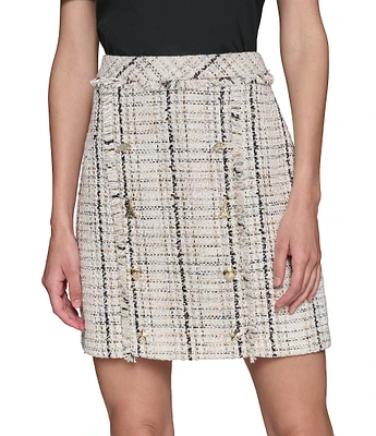 KARL LAGERFELD PARIS Fringe Tweed Motif Button Pencil Mini Skirt