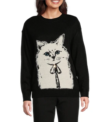 KARL LAGERFELD PARIS Fuzzy Choupette Crew Neck Long Sleeve Sweater