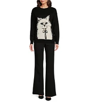 KARL LAGERFELD PARIS Fuzzy Choupette Crew Neck Long Sleeve Sweater