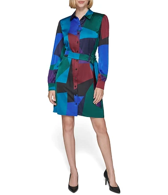 KARL LAGERFELD PARIS Geo Print Satin Crepe Collar Neck Long Sleeve Tie Waist Button Front Mini Dress