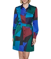 KARL LAGERFELD PARIS Geo Print Satin Crepe Collar Neck Long Sleeve Tie Waist Button Front Mini Dress