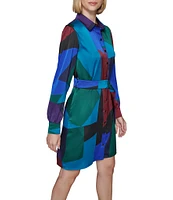 KARL LAGERFELD PARIS Geo Print Satin Crepe Collar Neck Long Sleeve Tie Waist Button Front Mini Dress