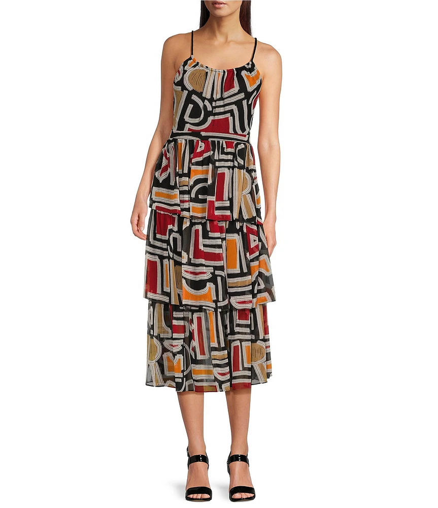 KARL LAGERFELD PARIS Abstract Geometric Print Chiffon Scoop Neck Sleeveless Tiered Midi Dress