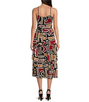 KARL LAGERFELD PARIS Abstract Geometric Print Chiffon Scoop Neck Sleeveless Tiered Midi Dress