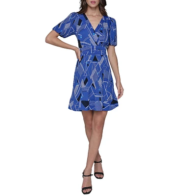 KARL LAGERFELD PARIS Geometric Print Crinkle Chiffon V-Neck Puff Sleeve A-Line Dress