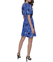 KARL LAGERFELD PARIS Geometric Print Crinkle Chiffon V-Neck Puff Sleeve A-Line Dress