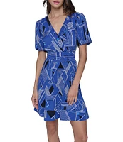 KARL LAGERFELD PARIS Geometric Print Crinkle Chiffon V-Neck Puff Sleeve A-Line Dress