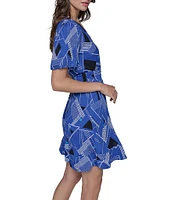 KARL LAGERFELD PARIS Geometric Print Crinkle Chiffon V-Neck Puff Sleeve A-Line Dress