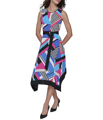 KARL LAGERFELD PARIS Geometric Print Silky Crepe Round Neck Sleeveless Hanky Hem A-Line Dress