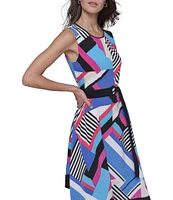 KARL LAGERFELD PARIS Geometric Print Silky Crepe Round Neck Sleeveless Hanky Hem A-Line Dress