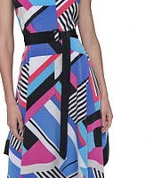 KARL LAGERFELD PARIS Geometric Print Silky Crepe Round Neck Sleeveless Hanky Hem A-Line Dress