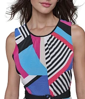 KARL LAGERFELD PARIS Geometric Print Silky Crepe Round Neck Sleeveless Hanky Hem A-Line Dress