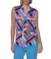 KARL LAGERFELD PARIS Geometric Printed Satin Crepe De Chine Tie-Neck Sleeveless Blouse