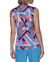 KARL LAGERFELD PARIS Geometric Printed Satin Crepe De Chine Tie-Neck Sleeveless Blouse