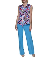 KARL LAGERFELD PARIS Geometric Printed Satin Crepe De Chine Tie-Neck Sleeveless Blouse