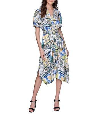 KARL LAGERFELD PARIS Handkerchief Hem Split V-Neckline Short Sleeve Button Front Shirt Midi Dress