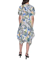 KARL LAGERFELD PARIS Handkerchief Hem Split V-Neckline Short Sleeve Button Front Shirt Midi Dress