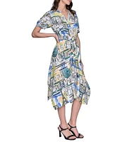 KARL LAGERFELD PARIS Handkerchief Hem Split V-Neckline Short Sleeve Button Front Shirt Midi Dress