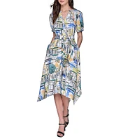 KARL LAGERFELD PARIS Handkerchief Hem Split V-Neckline Short Sleeve Button Front Shirt Midi Dress