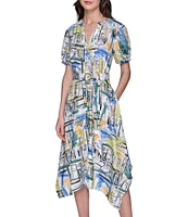 KARL LAGERFELD PARIS Handkerchief Hem Split V-Neckline Short Sleeve Button Front Shirt Midi Dress